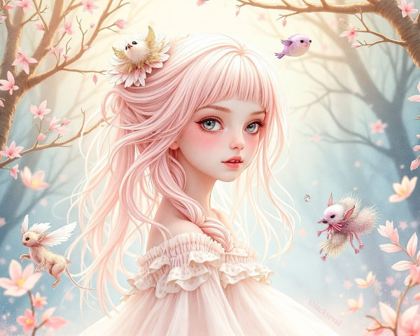 Whimsical Portrait of a Girl with Pink Hair and Blossoms