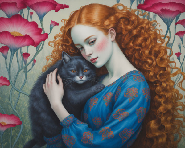 Young Woman with Red Hair and Black Cat Among Poppies