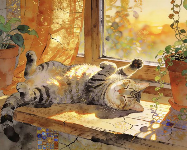 Watercolor Illustration of a Tabby Cat in Sunlight