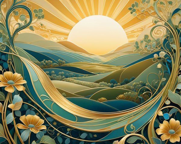 Stylized Landscape with Golden Sunlight and Flowers