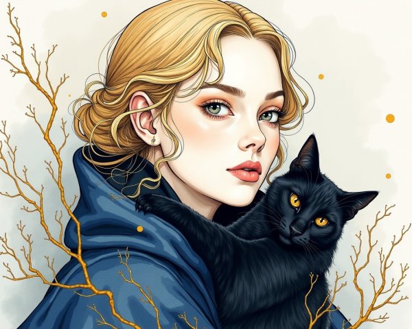 Young Woman in Blue Cloak with Black Cat and Branches