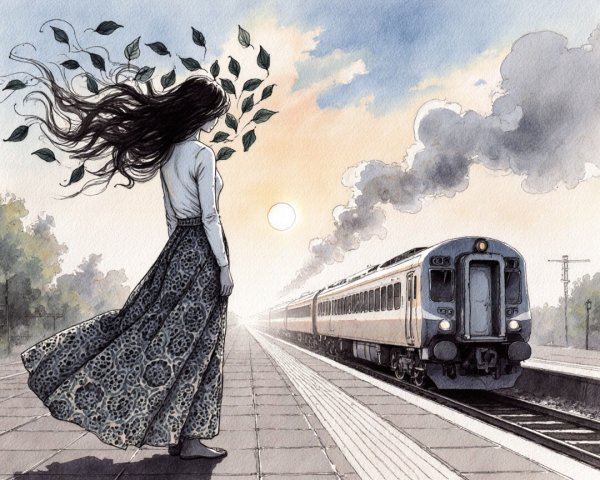 Woman on Train Platform with Sunset and Nature Elements