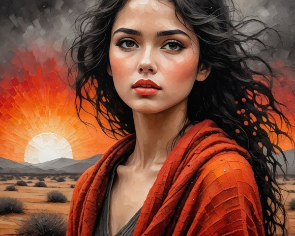 Young Woman in Red Shawl at Sunset in Desert