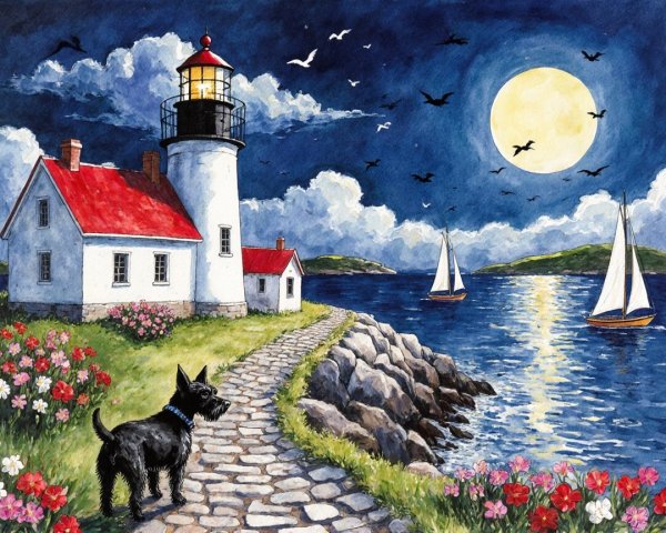 Coastal Scene with Lighthouse and Moonlit Sea