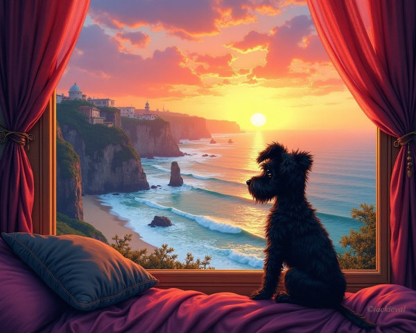 Silhouette of a dog by a sunset window scene