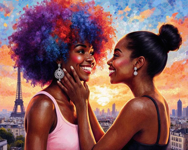 Joyful women embrace at sunset near the Eiffel Tower