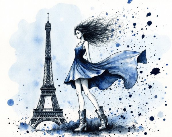 Illustration of a woman in a blue dress by the Eiffel Tower