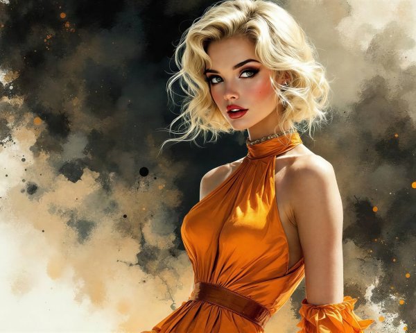 Digital painting of a woman in an orange evening gown