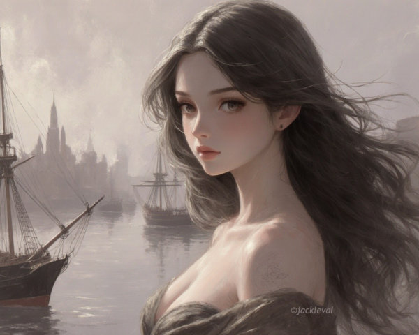 Serene Young Woman by Tranquil Harbor and Skyline