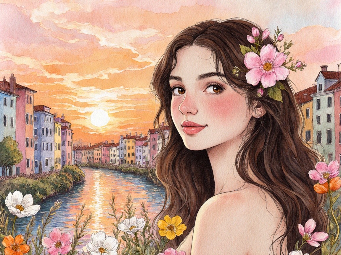 Portrait of a woman by a sunset canal scene