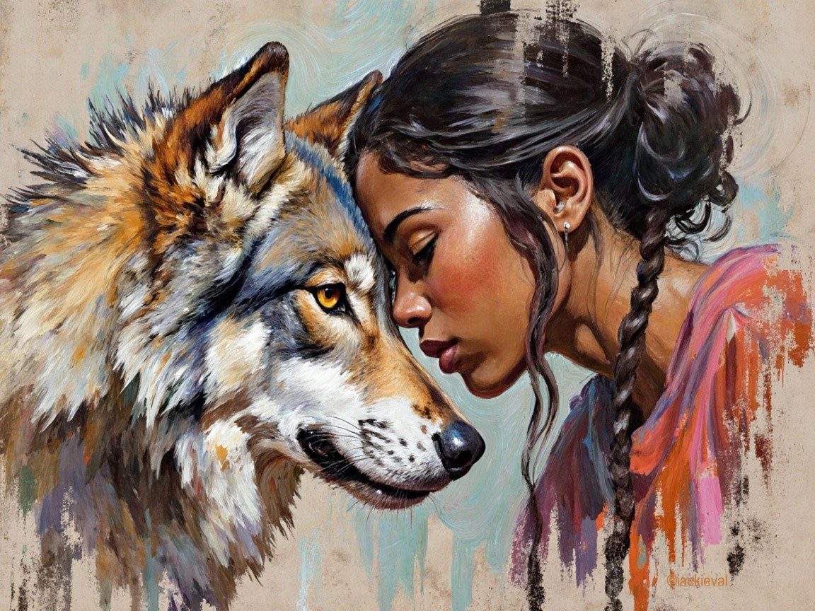 Close Moment Between Woman and Wolf with Abstract Background