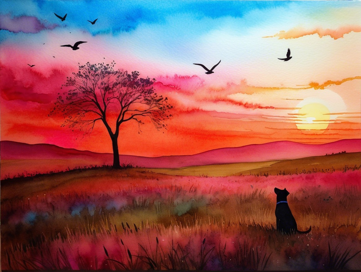 Vibrant Watercolor Landscape with Dog Silhouette