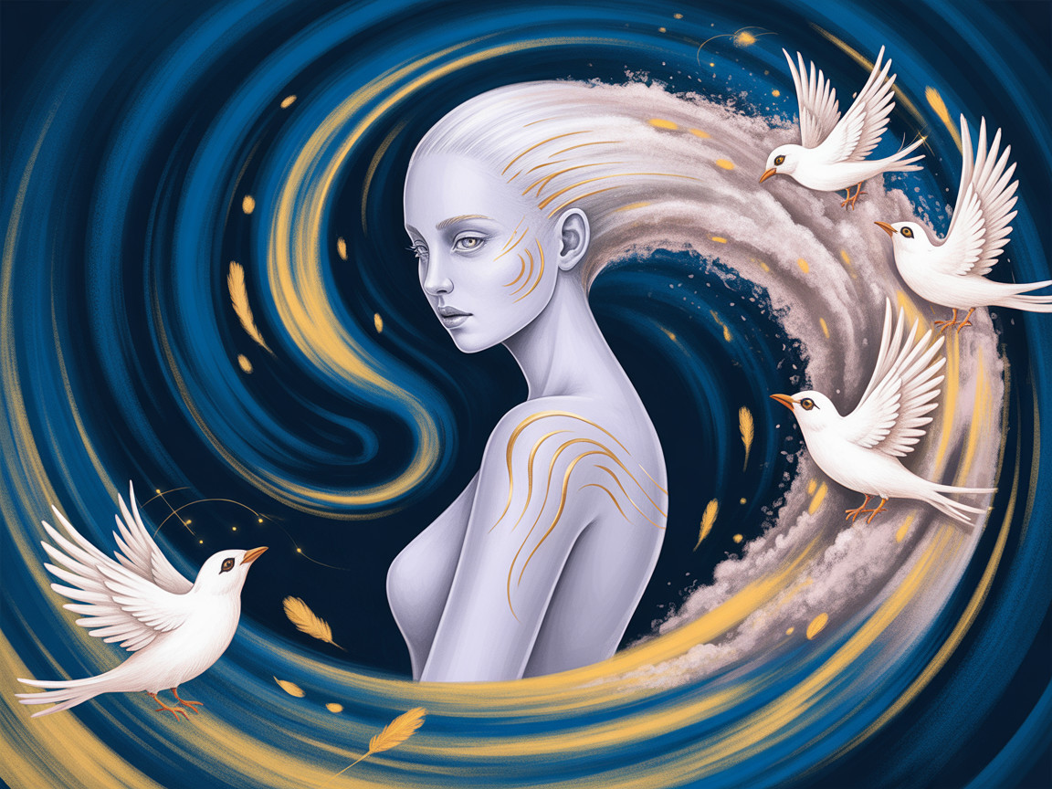 Ethereal figure with silver hair in blue and gold backdrop