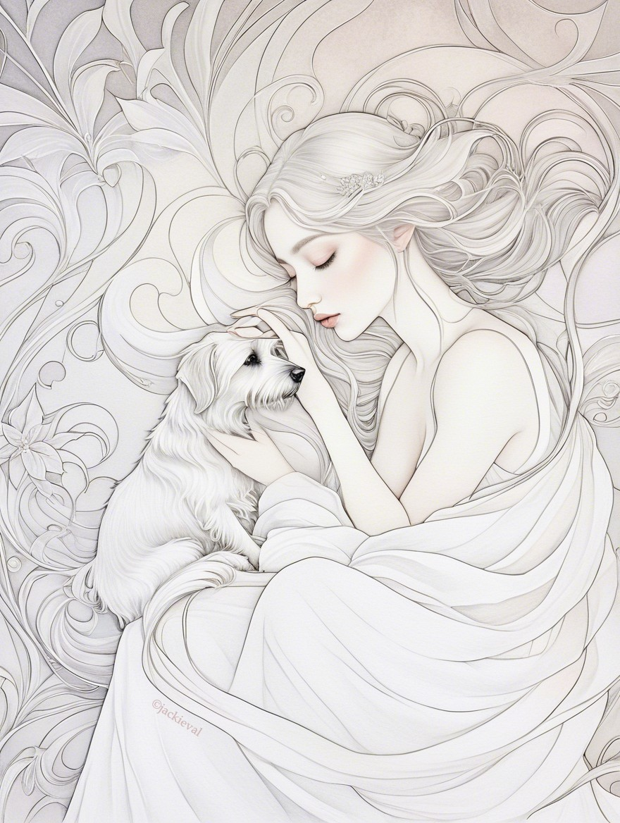 Serene Woman with Dog Amidst Floral Patterns
