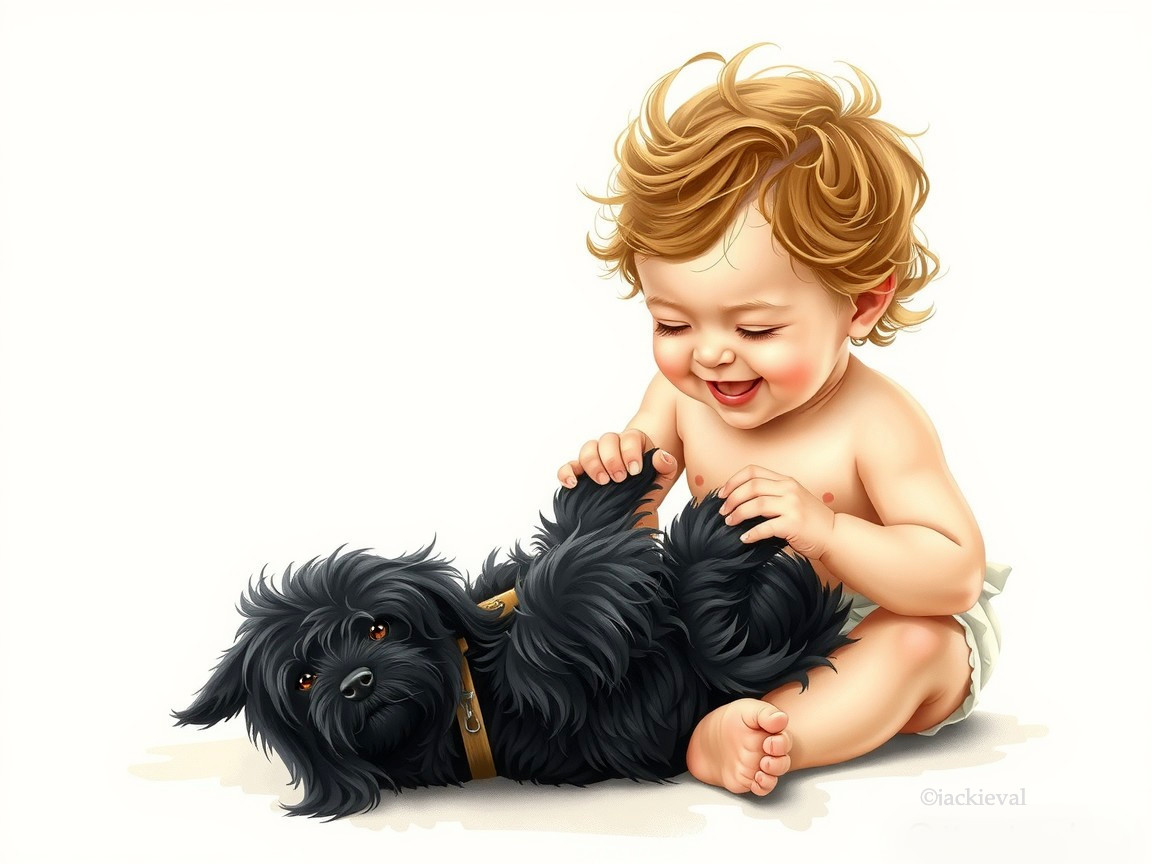 Toddler and Black Dog Share a Joyful Playtime Moment