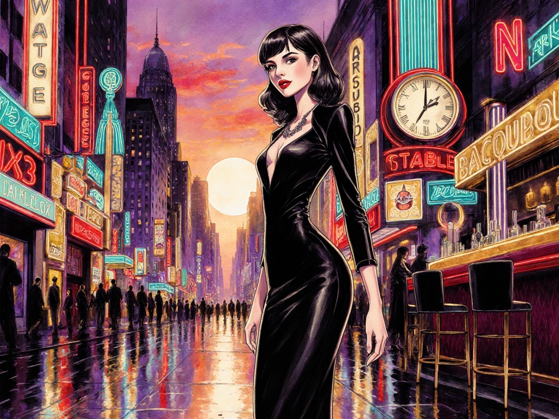 Glamorous Woman in Black Dress on City Street at Twilight