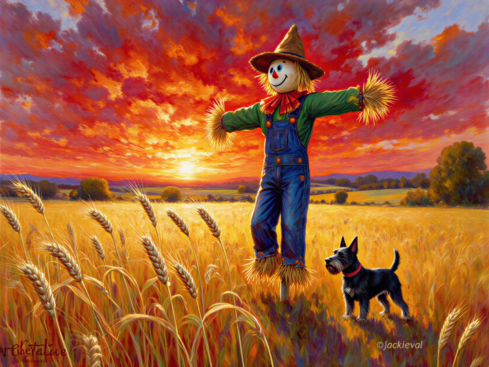 Vibrant Sunset Over Golden Wheat Field with Scarecrow