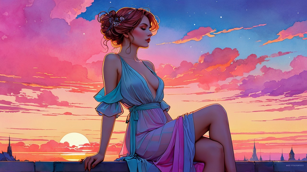 Serene Dusk Scene with Woman in Elegant Gown