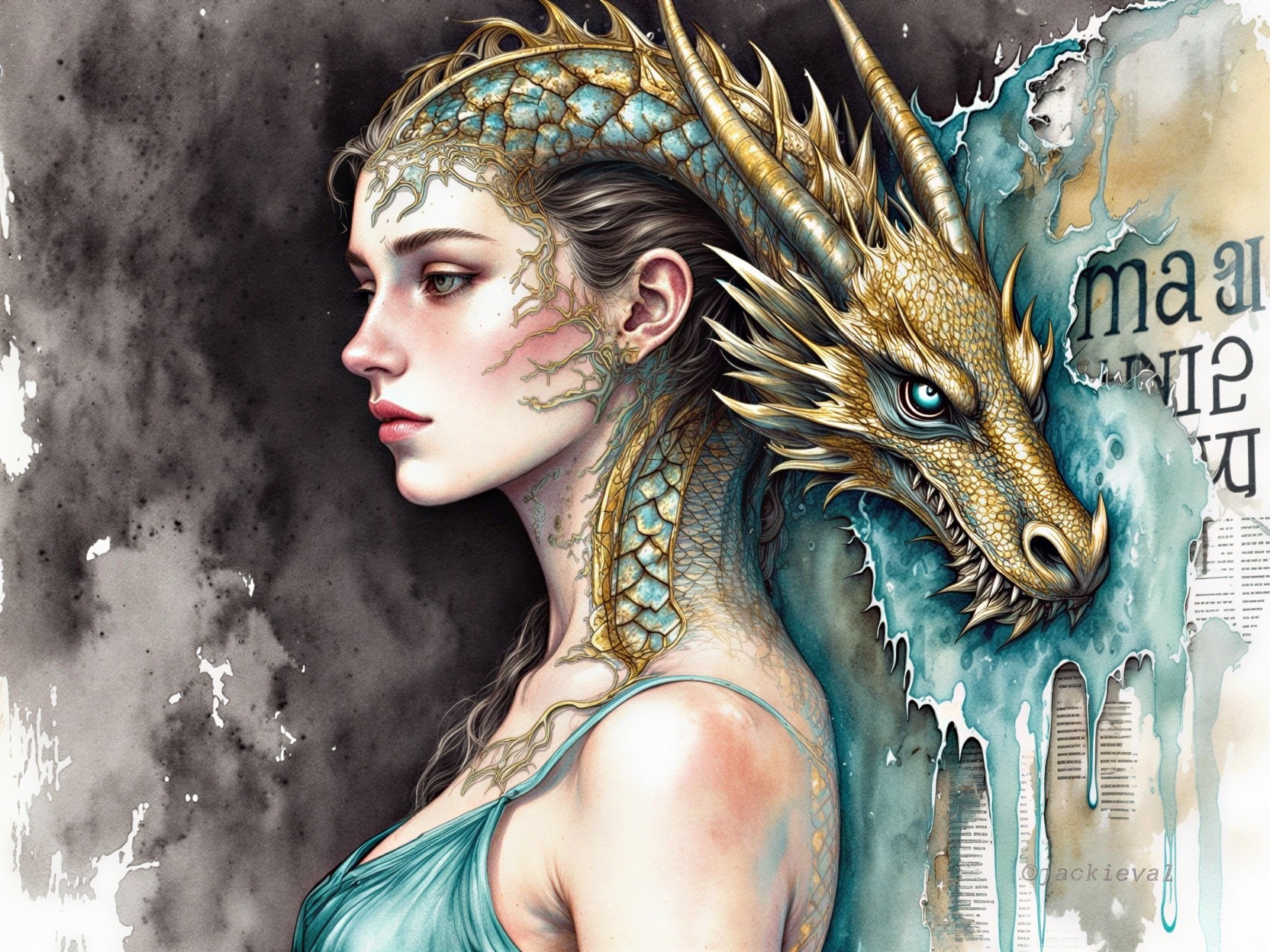 Artwork of a woman with dragon features and scales