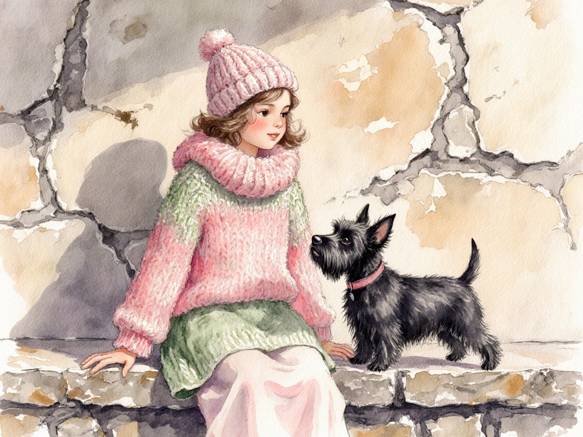 Cozy Scene with Girl, Dog, and Textured Stone Wall