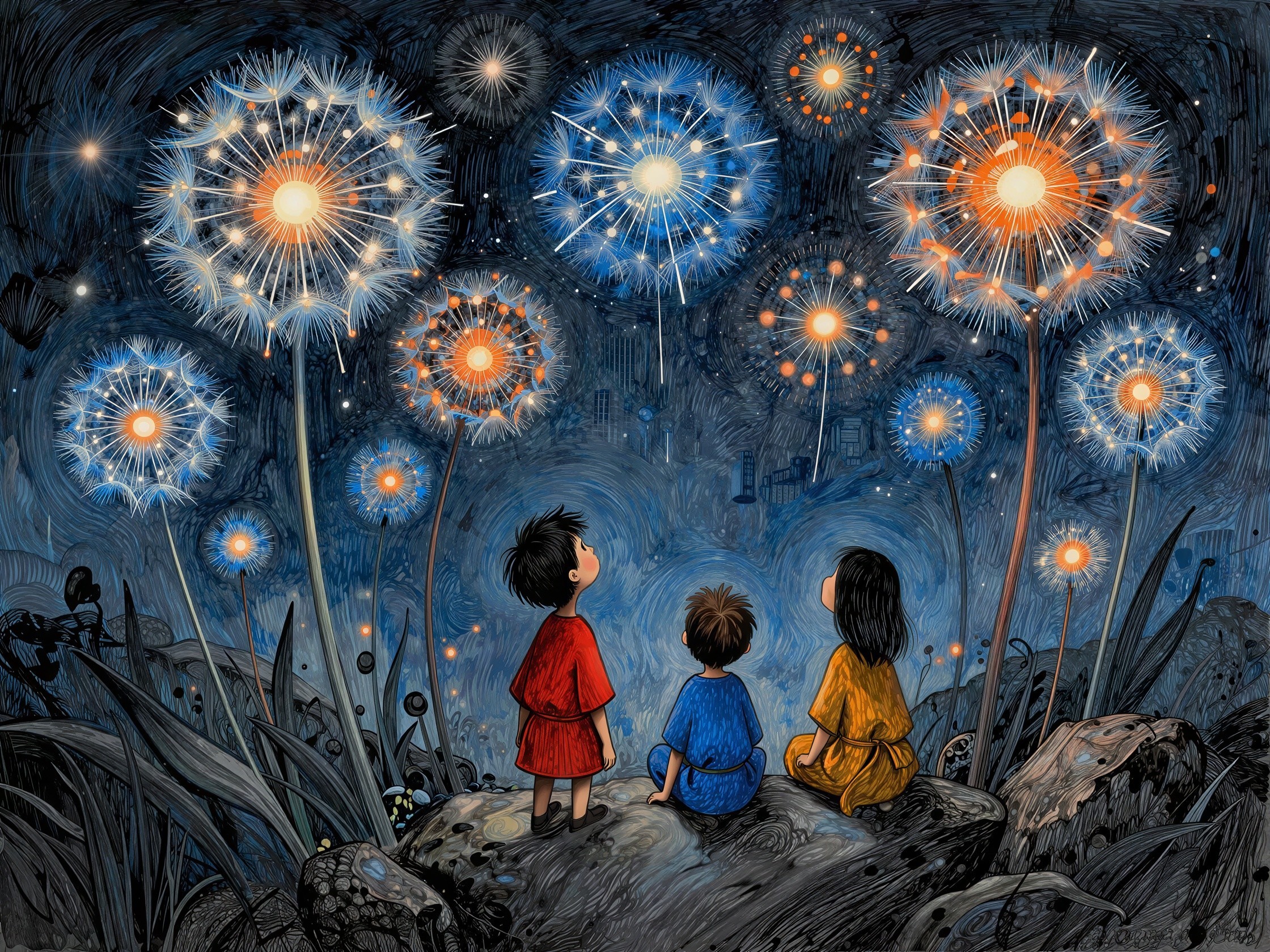 Painting of Children Watching Dandelion Fireworks at Night