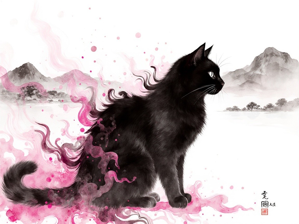 Black Cat Against Ethereal Pink and Black Background