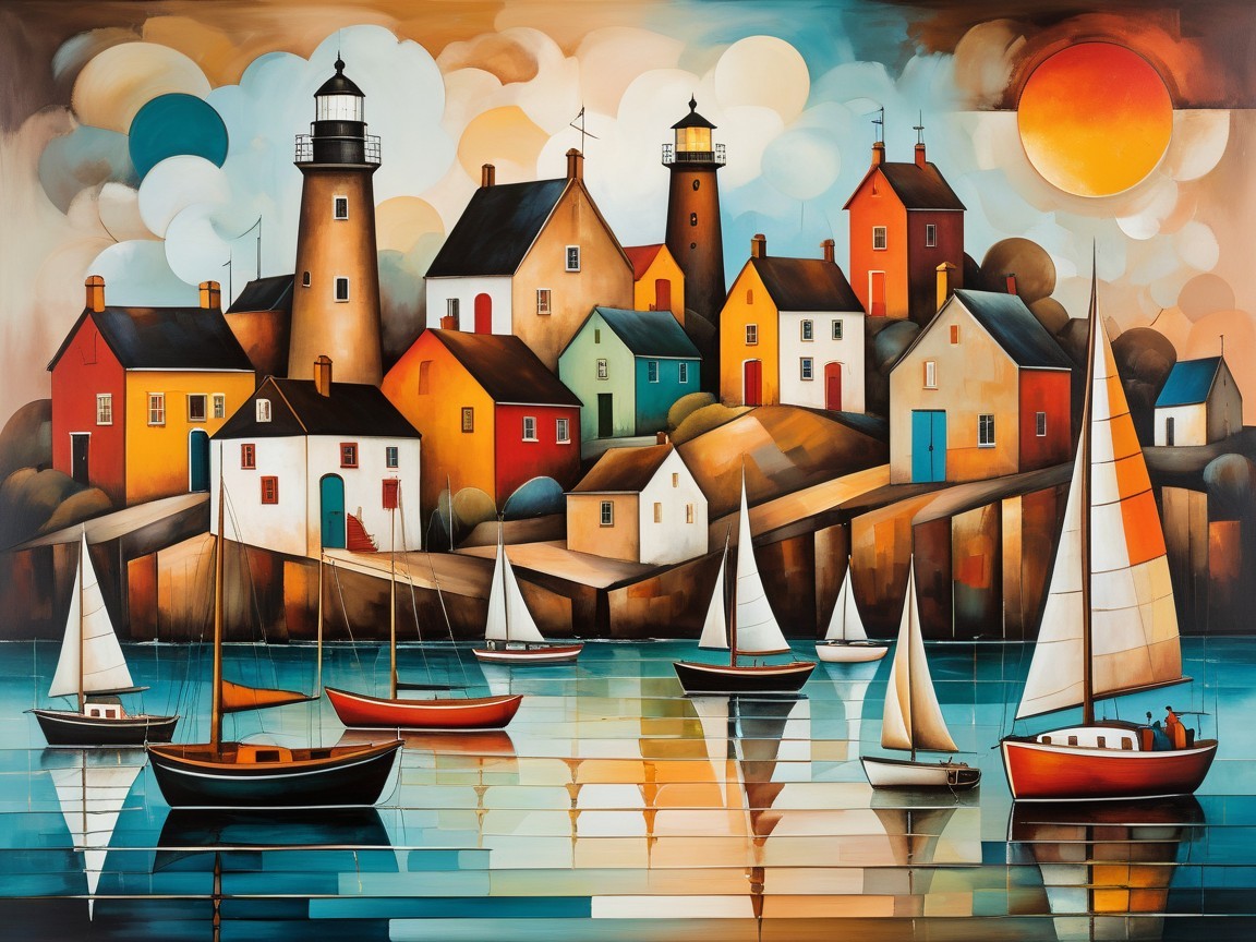 Vibrant Coastal Scene with Colorful Houses and Lighthouses