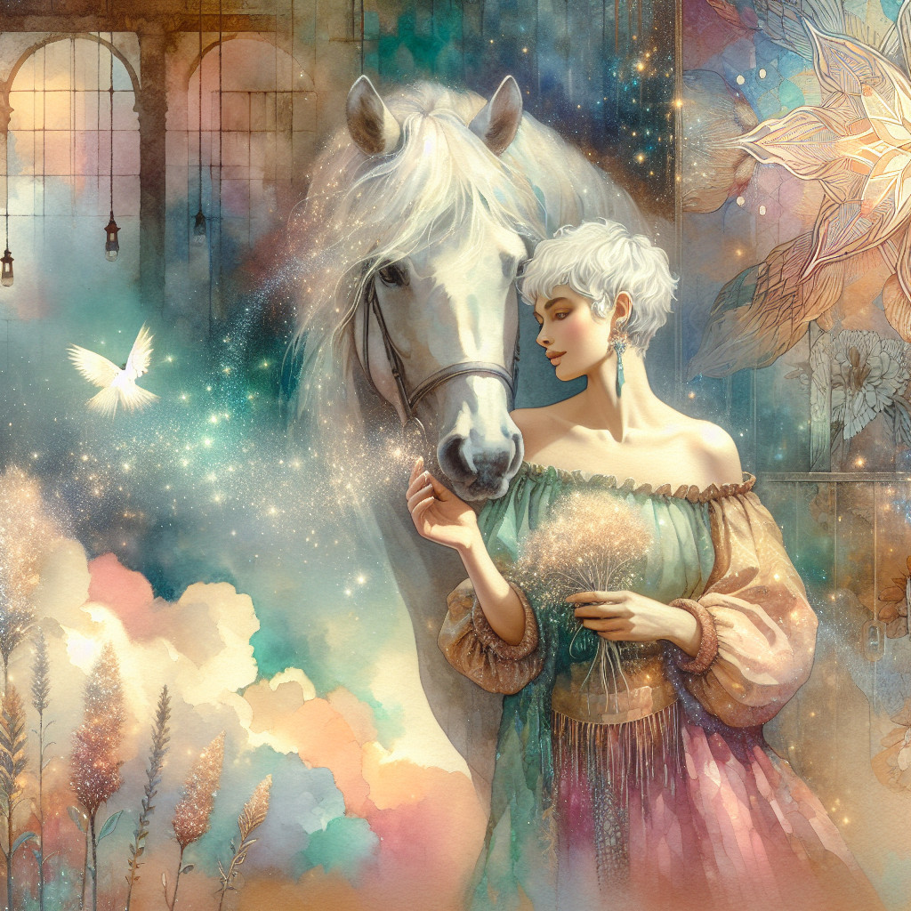 Elegant Woman and White Horse in Magical Setting