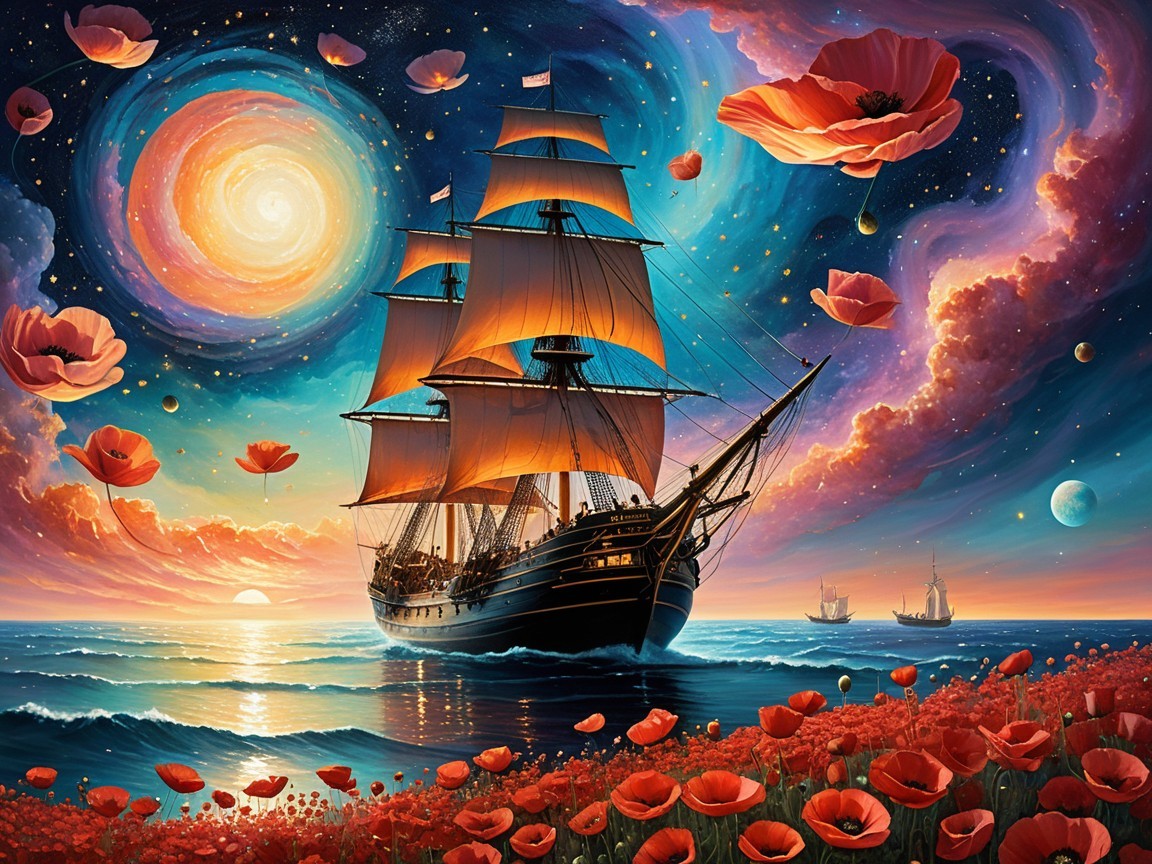 Majestic ship with orange sails in vibrant waters