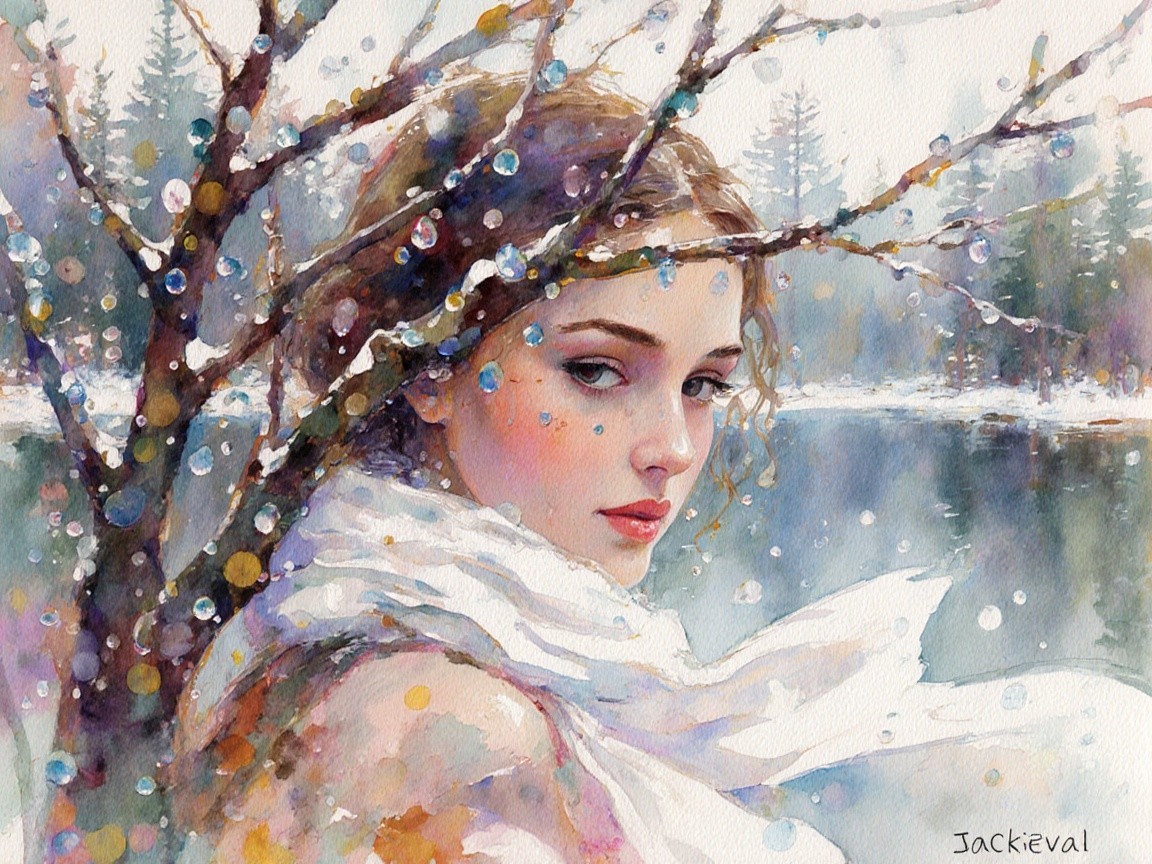 Watercolor Portrait of a Young Woman in Winter Landscape