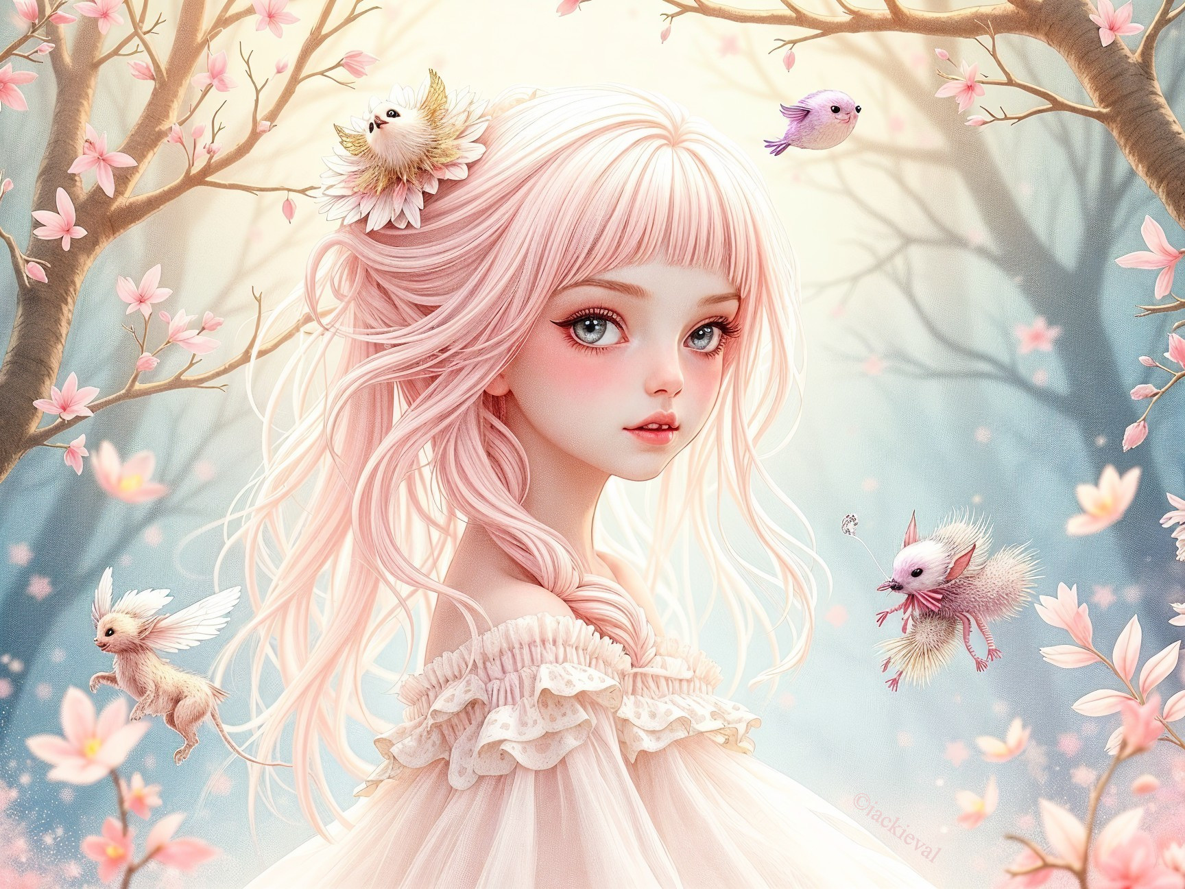 Whimsical Portrait of a Girl with Pink Hair and Blossoms