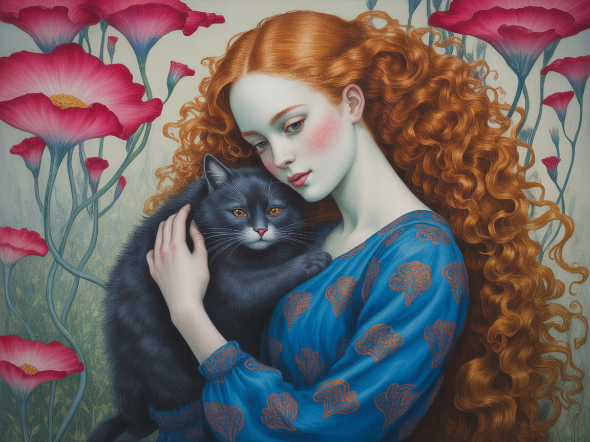 Young Woman with Red Hair and Black Cat Among Poppies