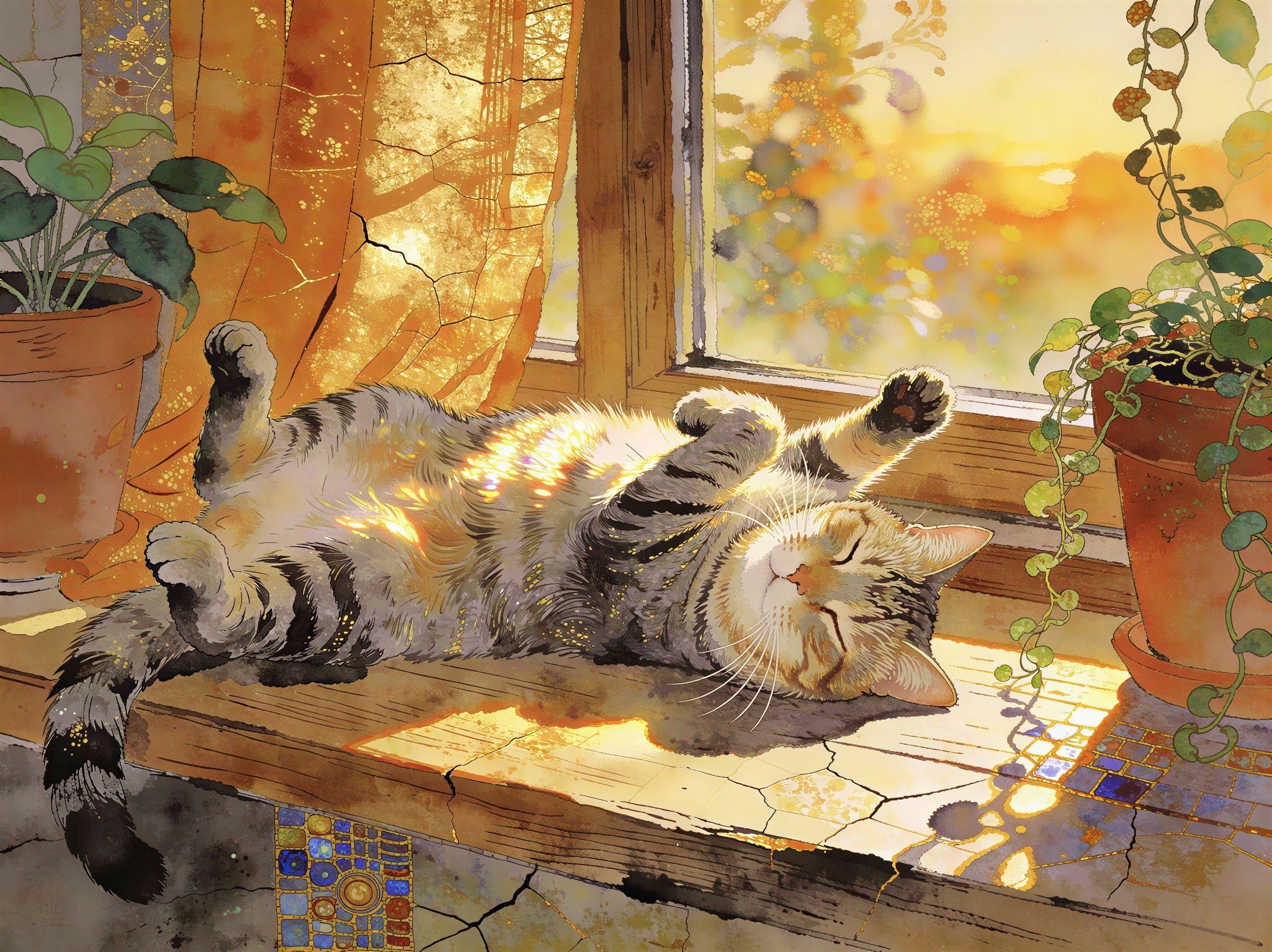 Watercolor Illustration of a Tabby Cat in Sunlight