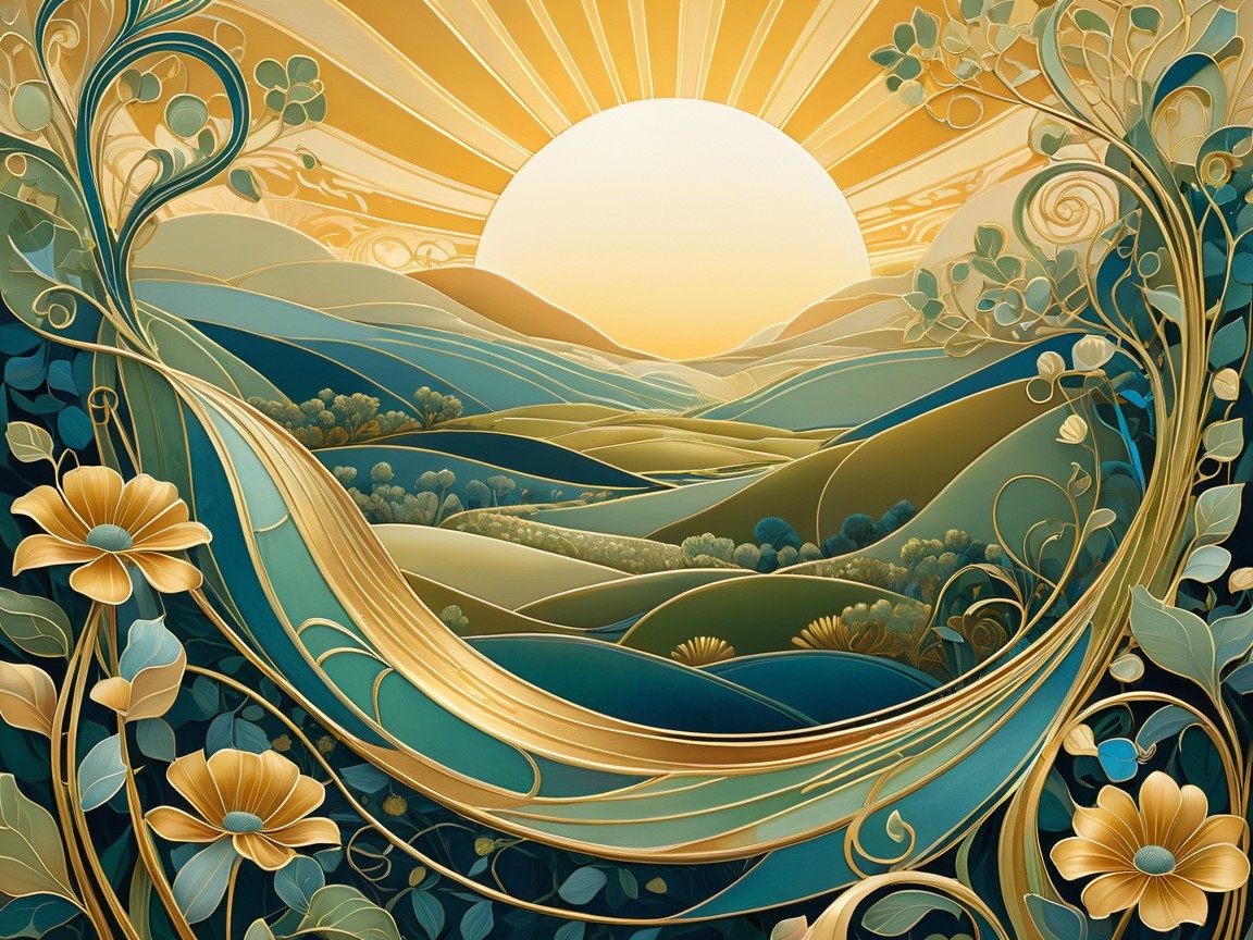 Stylized Landscape with Golden Sunlight and Flowers