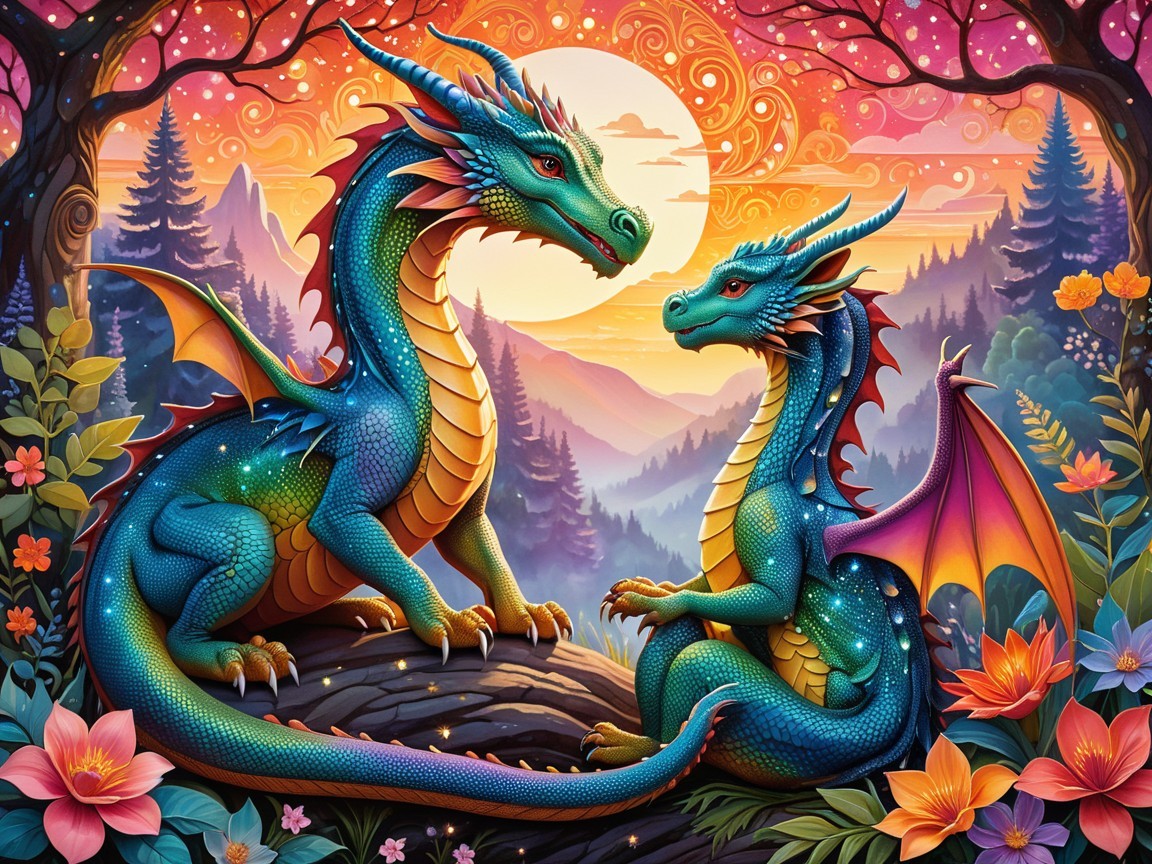 Dragons on a Log in a Vibrant Fantasy Landscape