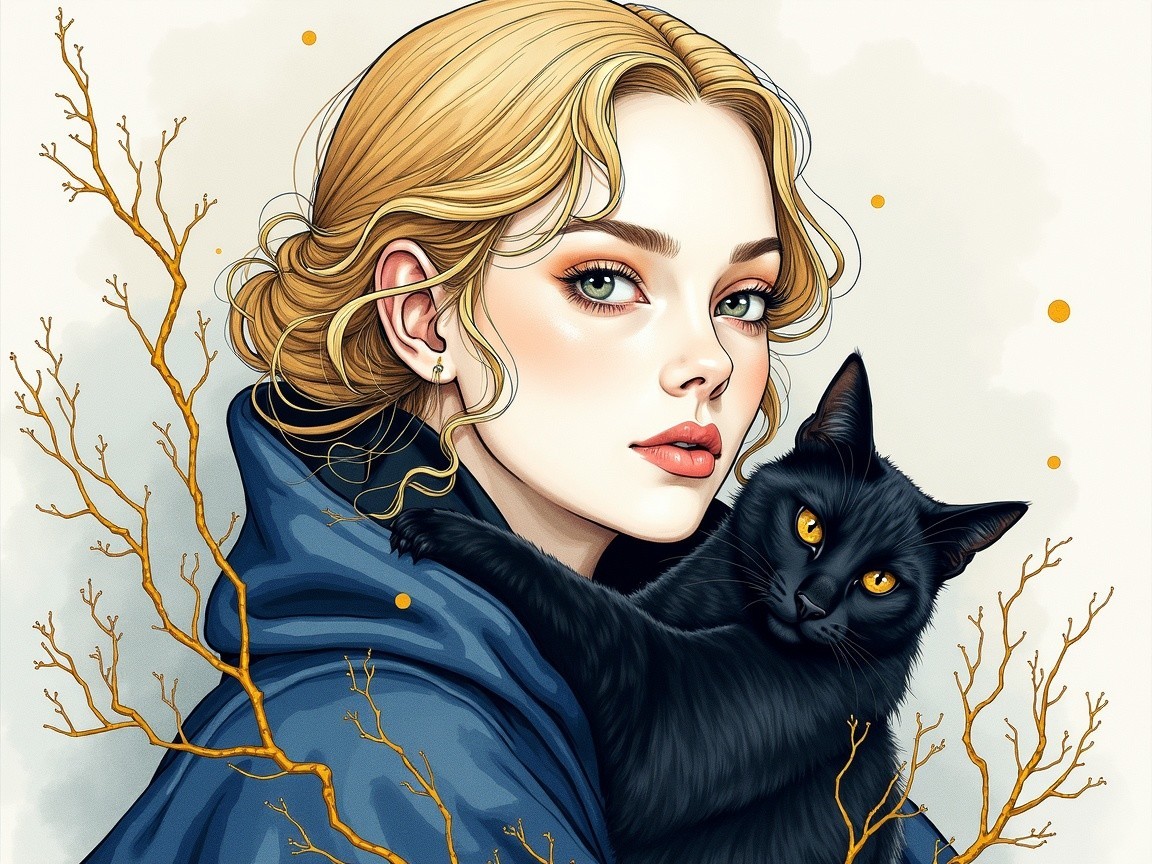 Young Woman in Blue Cloak with Black Cat and Branches
