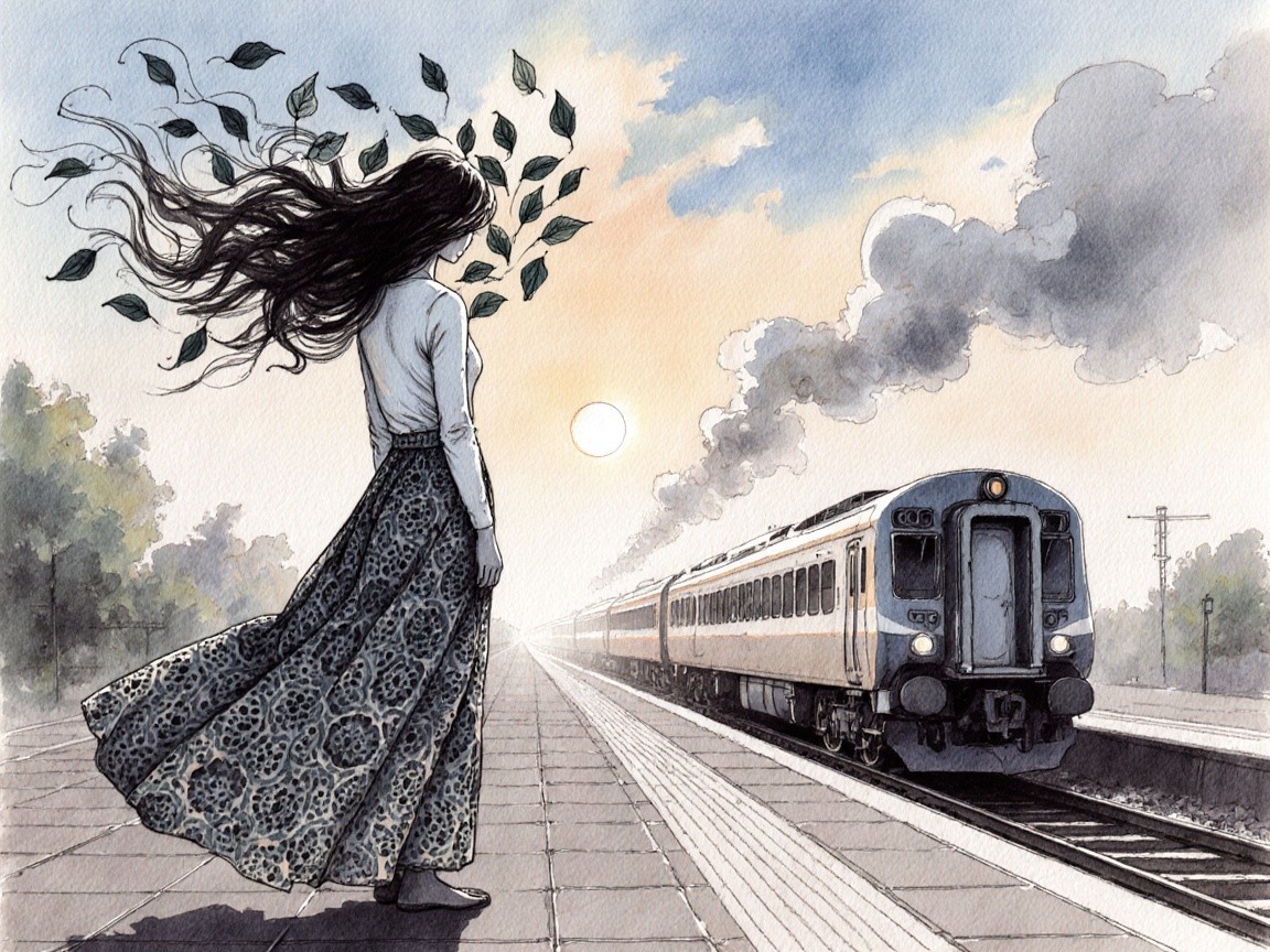 Woman on Train Platform with Sunset and Nature Elements