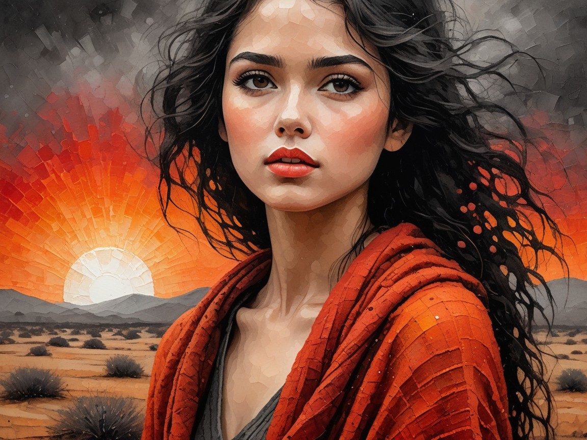 Young Woman in Red Shawl at Sunset in Desert