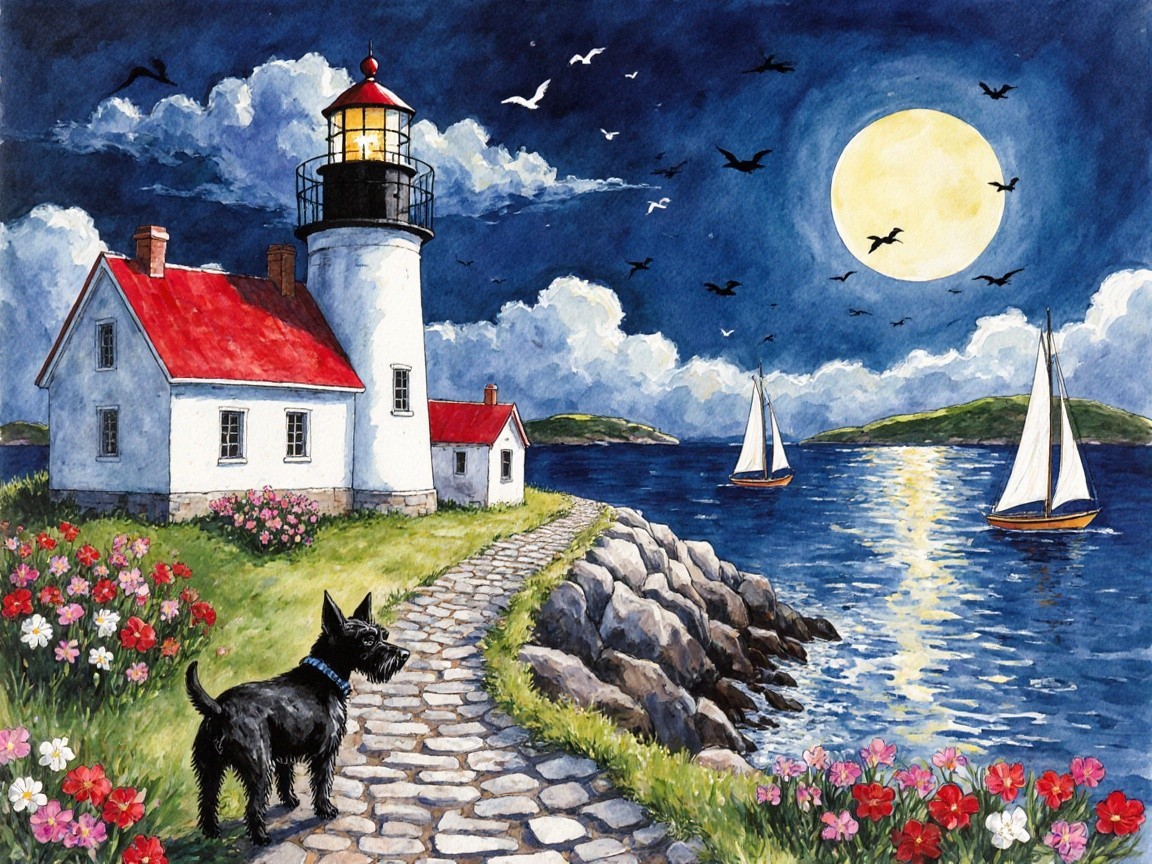 Coastal Scene with Lighthouse and Moonlit Sea
