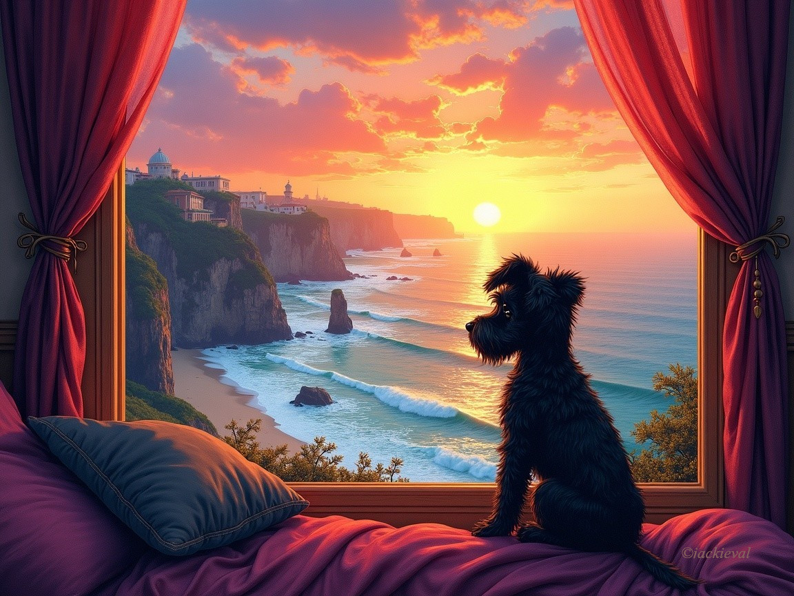 Silhouette of a dog by a sunset window scene