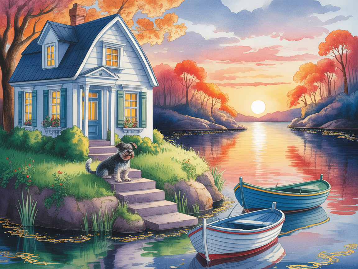 White Cottage by Lake Surrounded by Autumn Trees