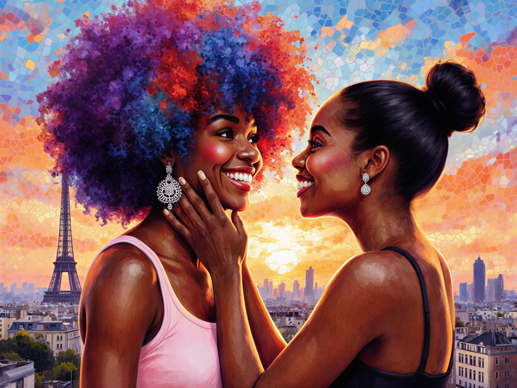 Joyful women embrace at sunset near the Eiffel Tower