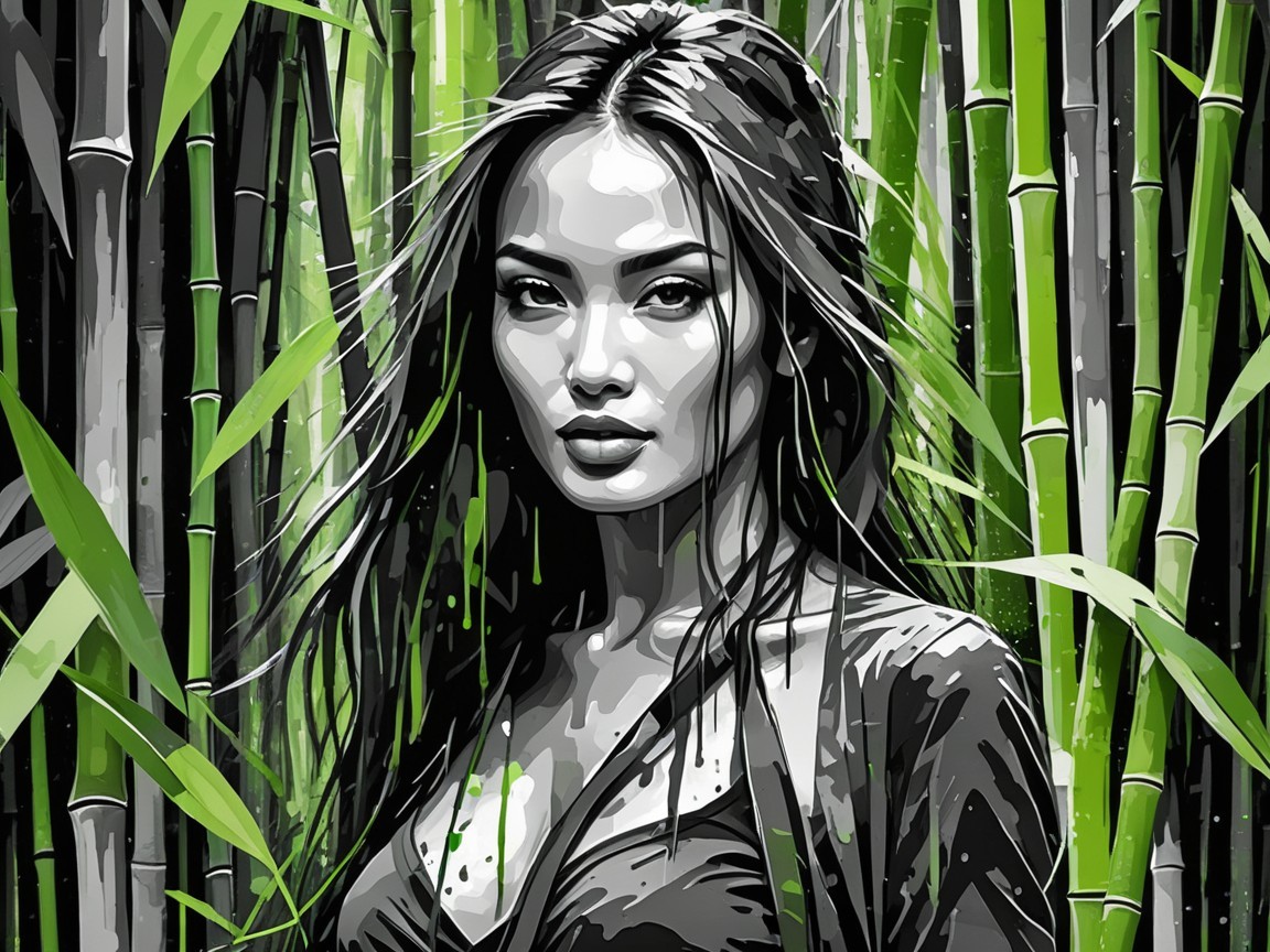 Monochromatic Portrait of Woman with Green Bamboo Background
