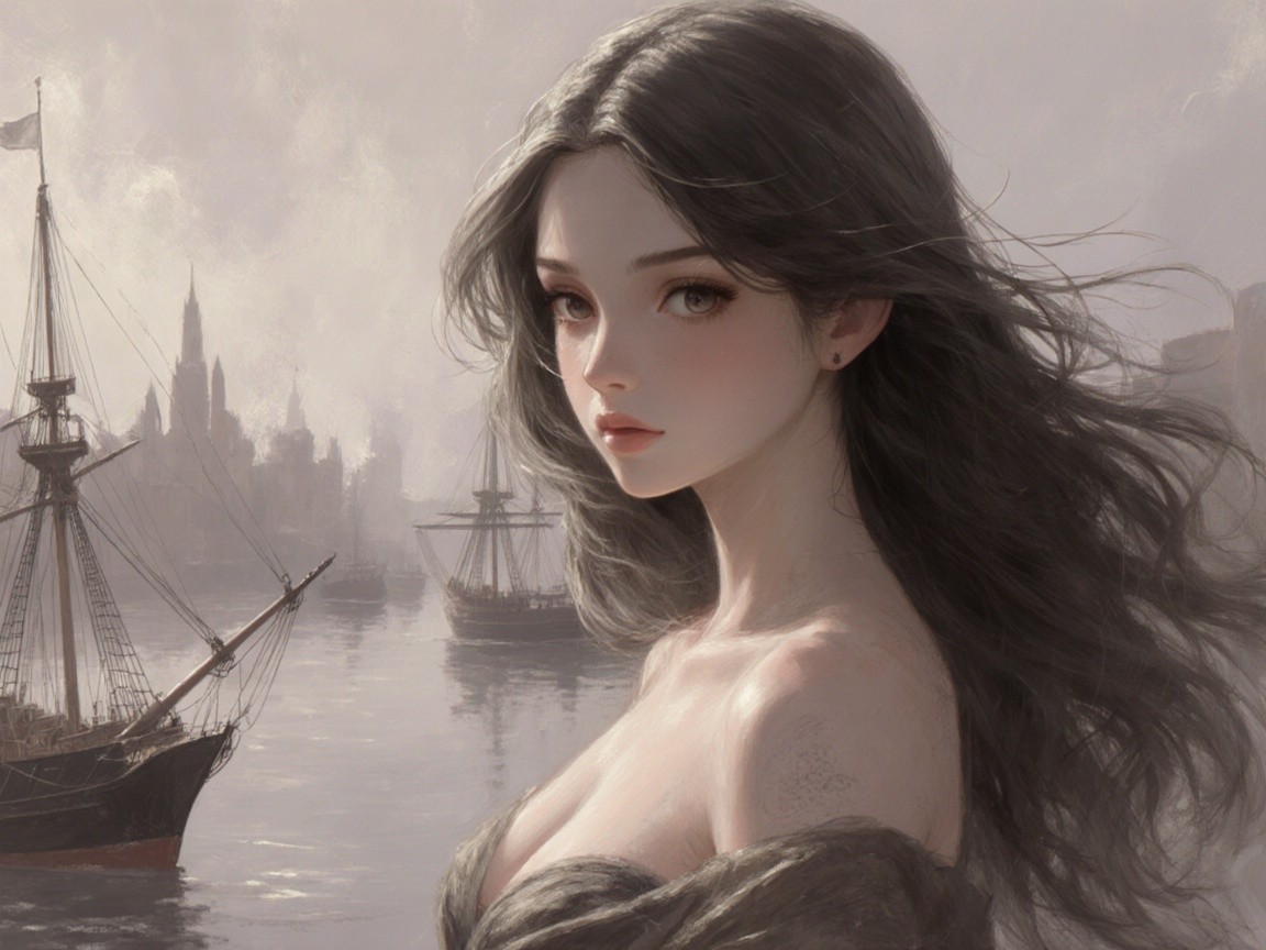 Serene Young Woman by Tranquil Harbor and Skyline