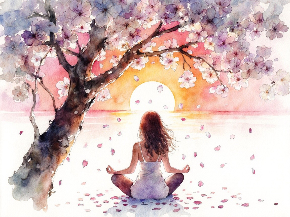 Watercolor Scene of Meditation Under Cherry Blossoms