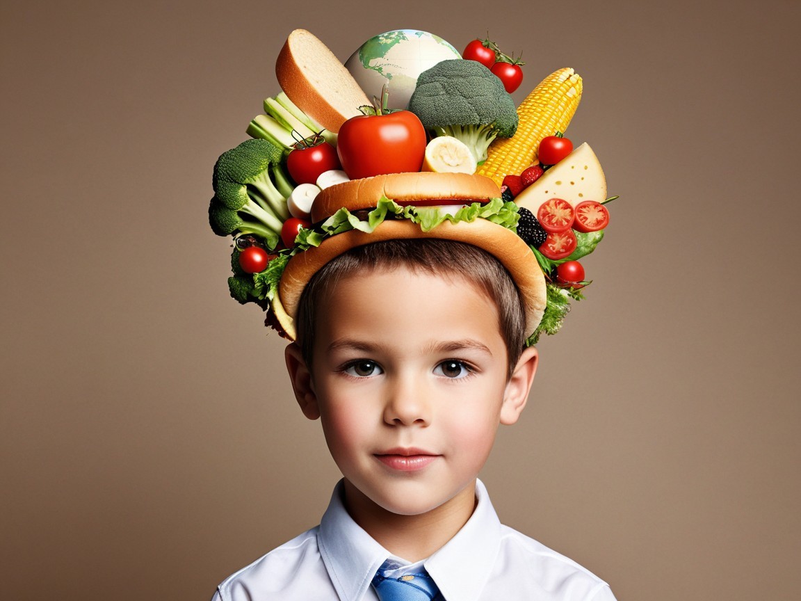 Playful Boy Wears Whimsical Food-Themed Hat