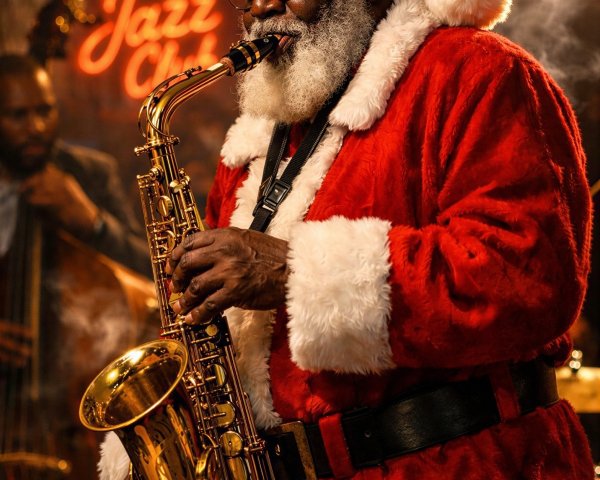 African American Santa Claus Playing Saxophone in Jazz Club
