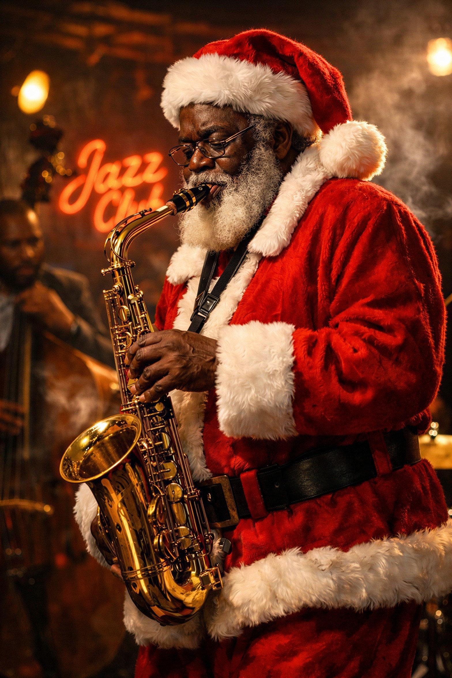 African American Santa Claus Playing Saxophone in Jazz Club