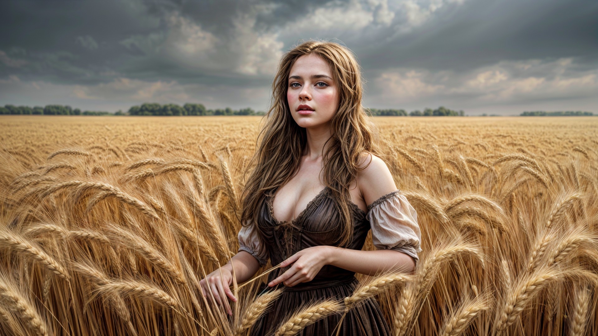 Young Woman in Vintage Dress in Wheat Field