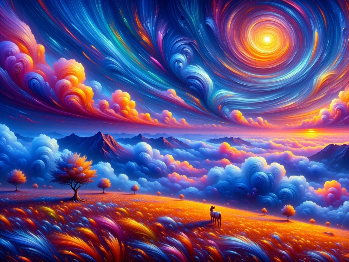 Vibrant Landscape with Colorful Sky and Solitary Figure